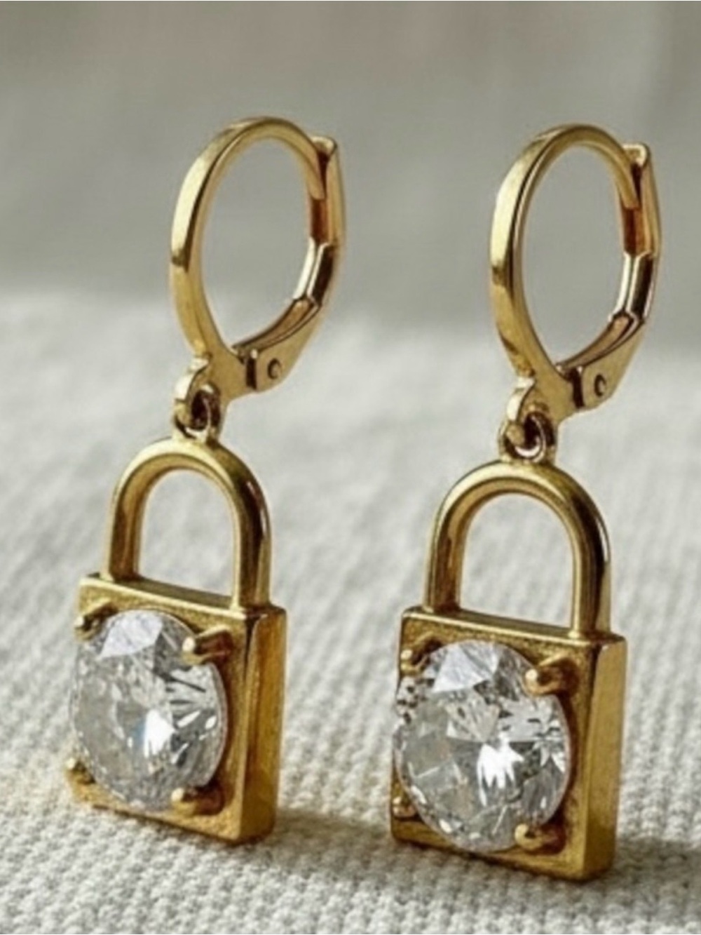 Gold Filled Padlock Drop Earrings with Clear Crystal Accent